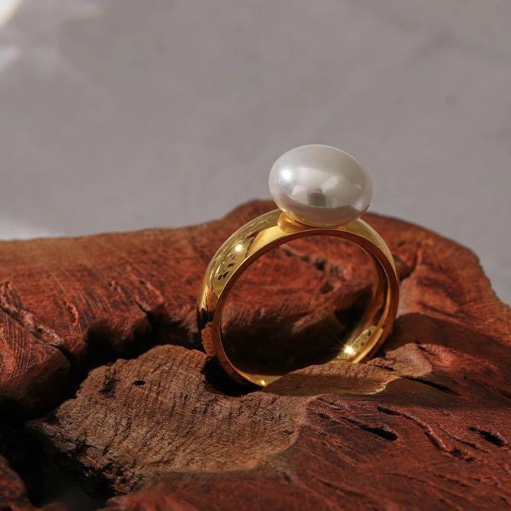 リング 大粒パール ゴールド レディース 指輪 金 12号 14号 17号 サージカルステンレス 冠婚葬祭 普段使い アクセサリー 新品拍卖