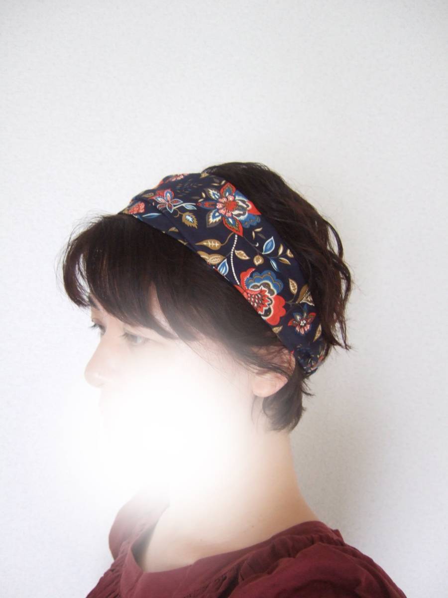 秋の新作★即決★ハンドメイド オリエンタル ネイビー サテンのゆるターバン****ヘアバンド 大人コーデのスパイスに拍卖