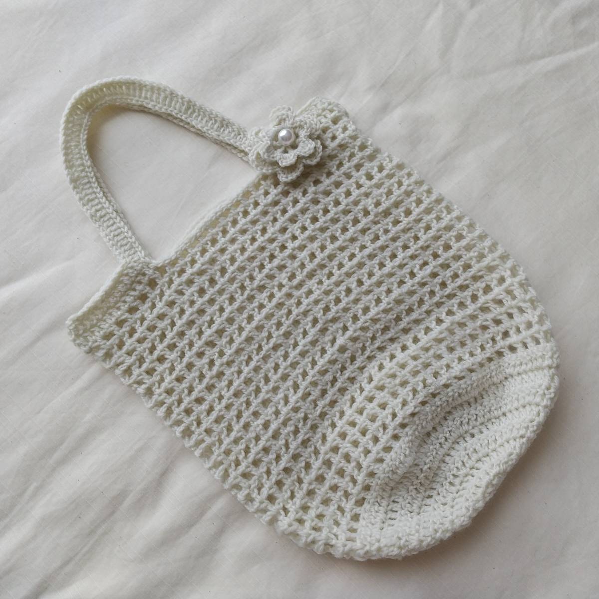 ハンドメイド 手編み *ネット編みバッグ コサージュ付き* ow拍卖