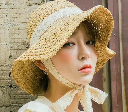 つば広いストローハット麦わら帽子★レース★UV紫外線対策★リゾート・海・旅行拍卖