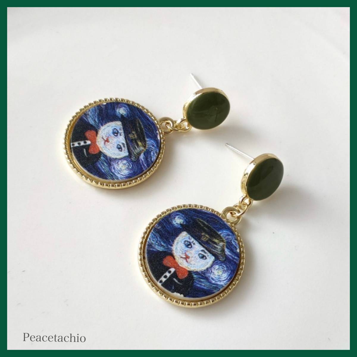 ピアス Silver925 シルバー 油絵風 グリーン 猫 ねこ 揺れるアレルギー対応 プレゼント ギフト ケース付き拍卖