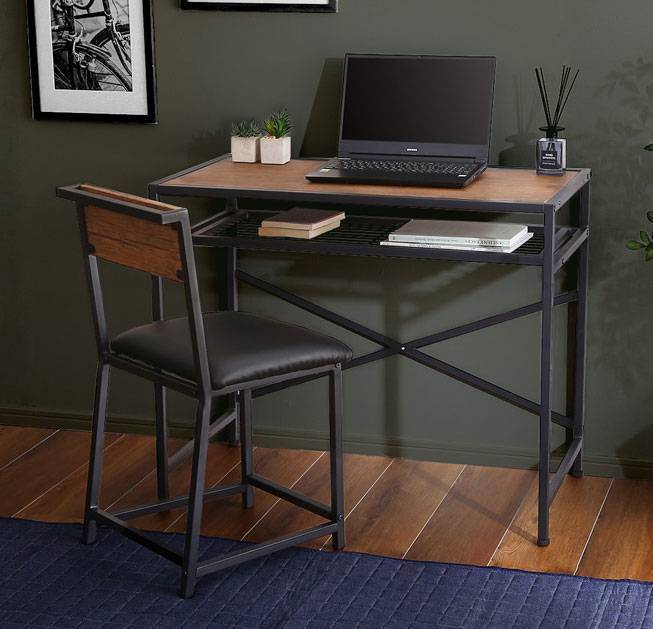 デスク2点セット ウォールナット色 椅子付き デスク ヴィンテージテイストのコンパクトパソコンデスク&チェアセット拍卖