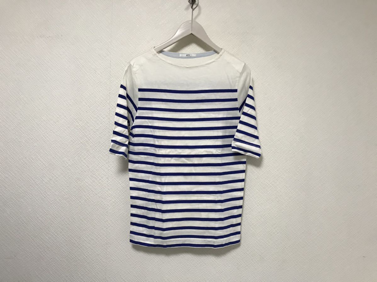 本物シップスSHIPSコットンボーダー柄半袖Tシャツメンズアメカジサーフミリタリービジネススーツ白ホワイト青ブルーL日本製拍卖