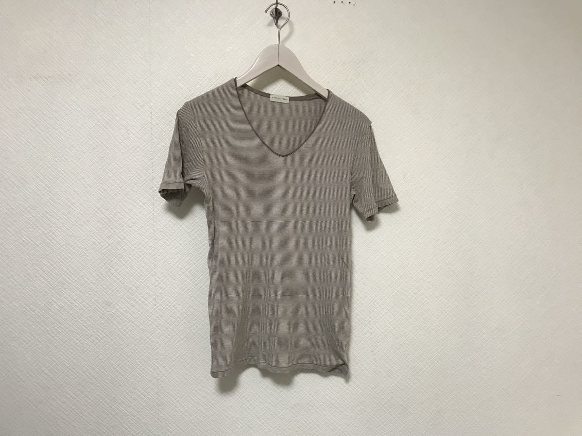 本物ナノユニバースnano universeコットンボーダー柄Vネック半袖TシャツメンズアメカジサーフミリタリービジネススーツカーキM拍卖