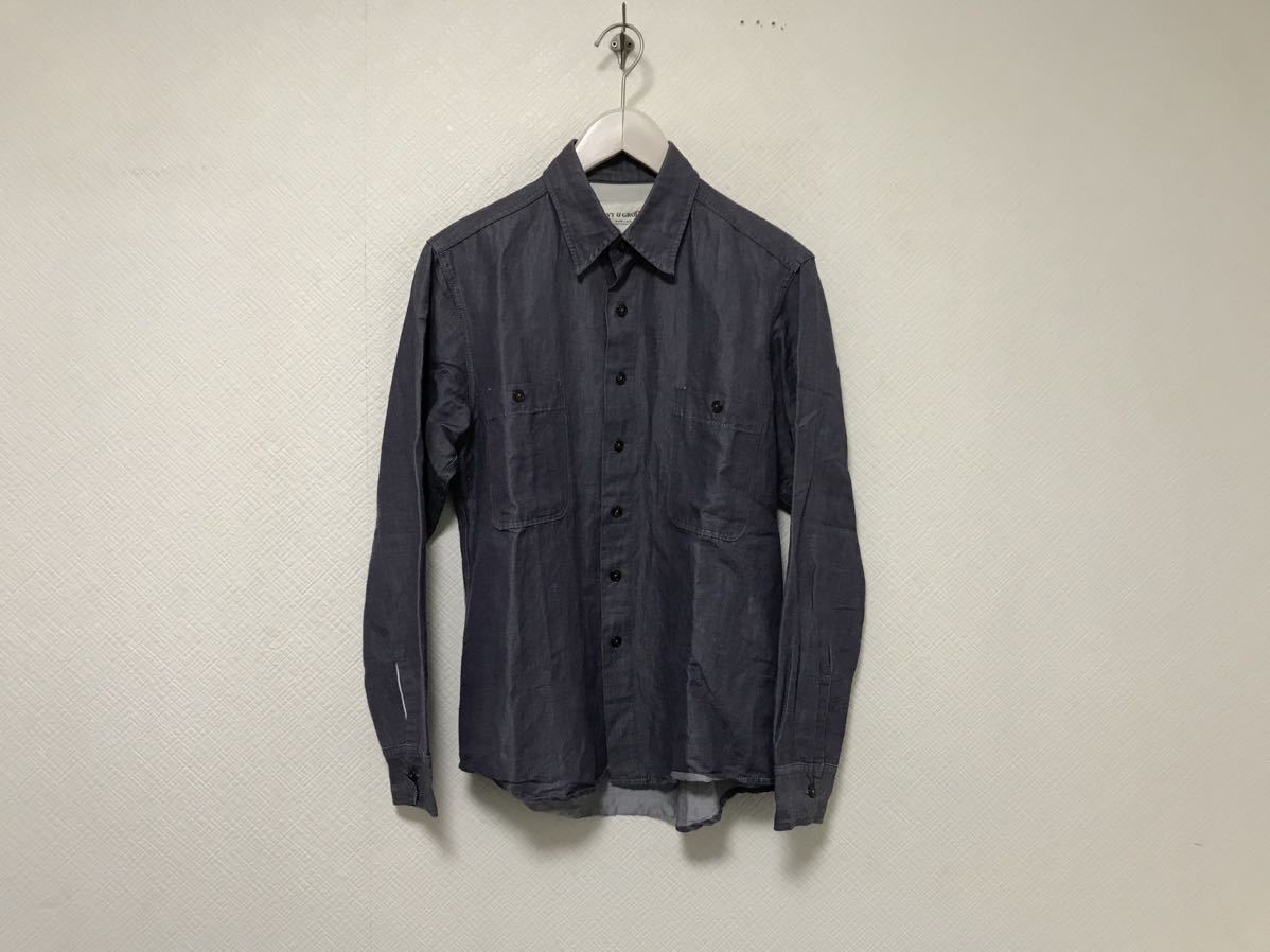 本物カトーKATO’コットン麻リネンシャンブレーワーク長袖シャツメンズサーフアメカジミリタリービジネススーツ青ブルー日本製S拍卖