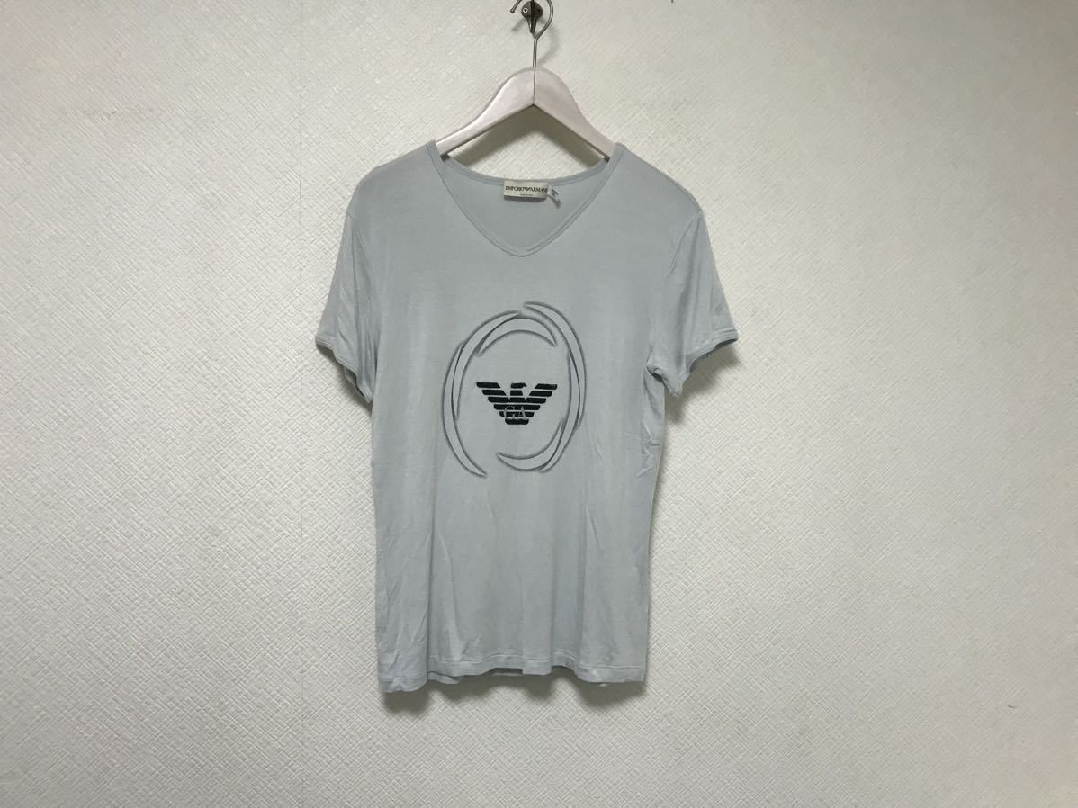 本物エンポリオアルマーニEMPORIO ARMANIレーヨンストレッチVネックロゴプリント半袖Tシャツメンズビジネススーツグレーイタリア製XL拍卖