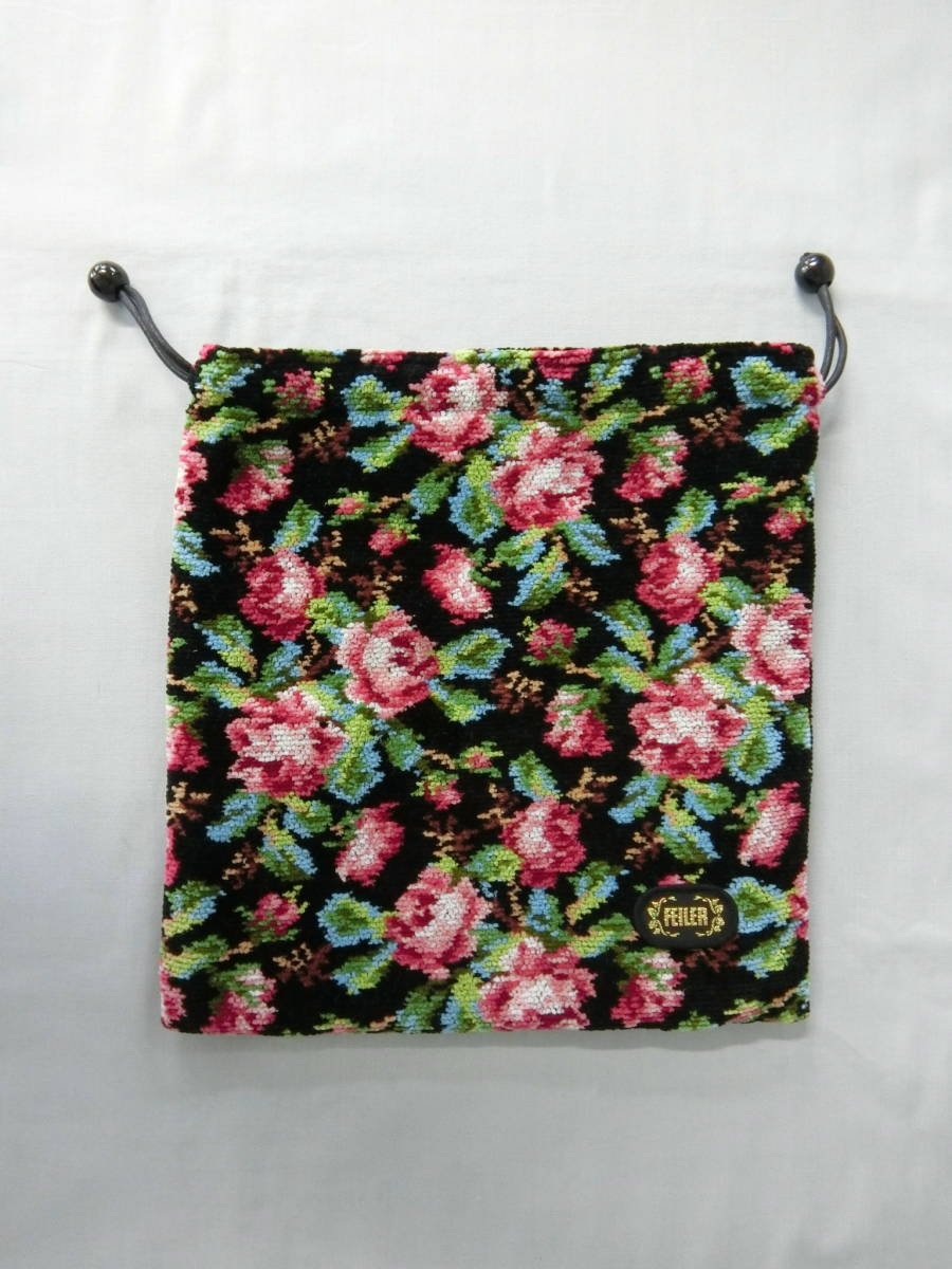 FEILER フェイラー 巾着 25×26 ブラック 花柄拍卖