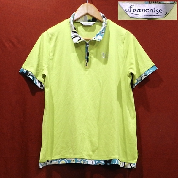 Francaise フランセーズ 2WAY ZIP プルオーバー 半袖 ポロシャツ デザイン シャツ カットソー キミドリ 花柄 総柄 LL 美品拍卖