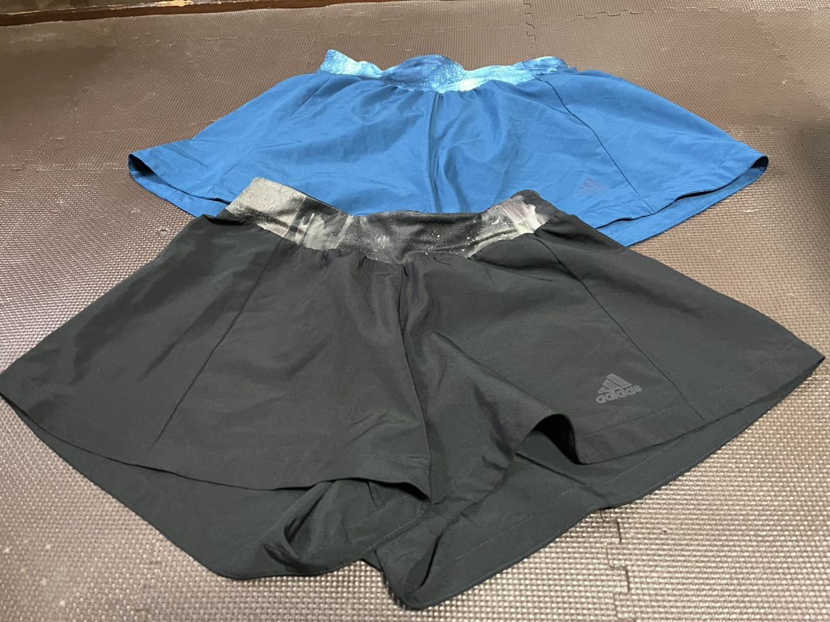 超美品adidas黒ウエスト柄入り、青系ウエスト柄入りストレッチキュロット2枚セット サイズS拍卖