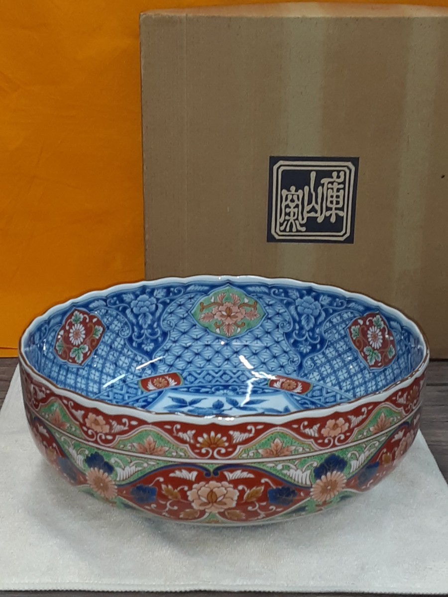 美品 美濃焼 染錦花鳥 大鉢 25×9cm 庫山窯 前畑陶器 ほぼ未使用 経年保管品拍卖