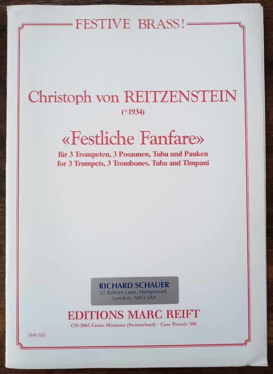 送料無料 金管8重奏楽譜 クリストフ・フォン・ライツェンシュタイン:祝祭ファンファーレ 試聴可 3Trp/3Trb/Tuba/Timp アンサンブル譜拍卖