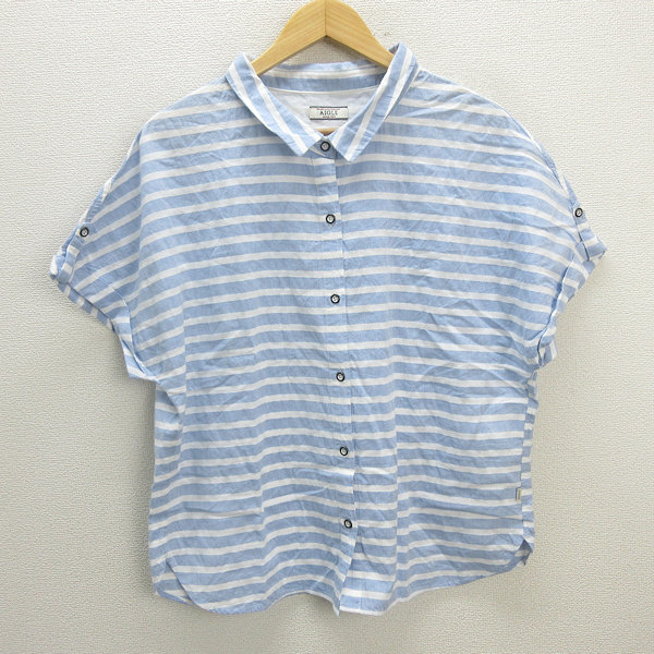 k■エーグル/AIGLE ボーダー柄 ドルマンシャツ【M】水色/LADIES■152【中古】拍卖
