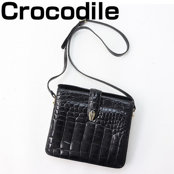 ◆シャイニークロコダイルレザー 斜め掛け ショルダー バッグ 黒 ブラック拍卖