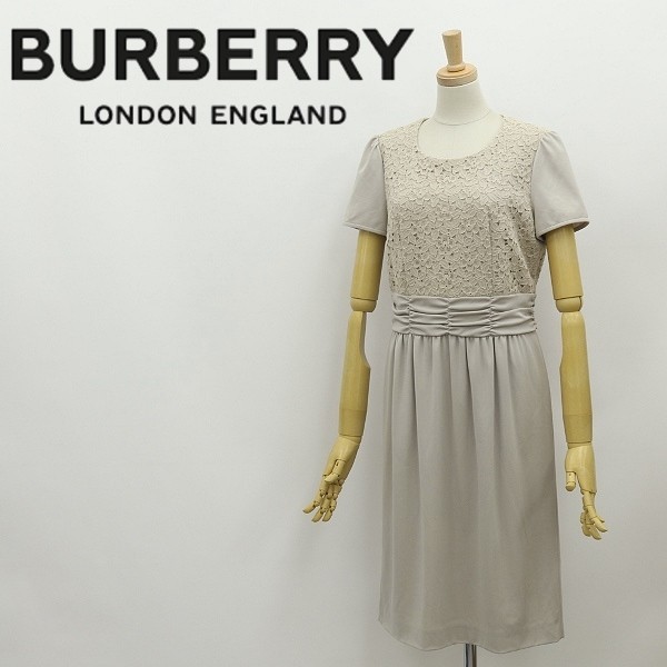 美品 国内正規品◆BURBERRY LONDON バーバリー ロンドン 花柄レース使い 切替 ギャザー ドッキング ワンピース ライトベージュ 38拍卖