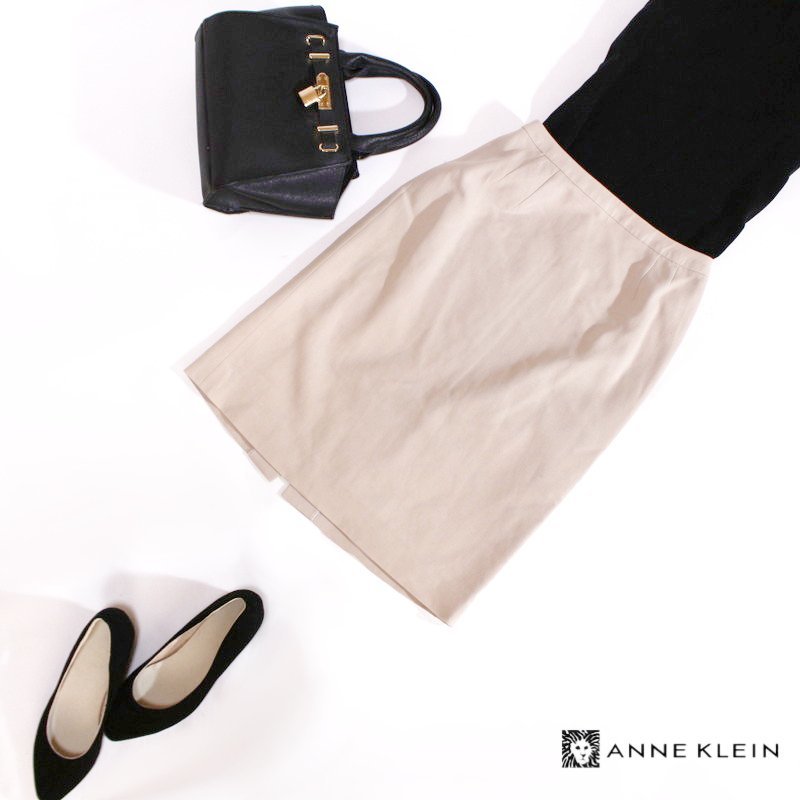 美品 ANNE KLEIN アンクライン ■ 春 夏 ハリ コットン スーツ タイトスカート 38 9号 ライトベージュ 膝下丈 ビジネス 定番拍卖