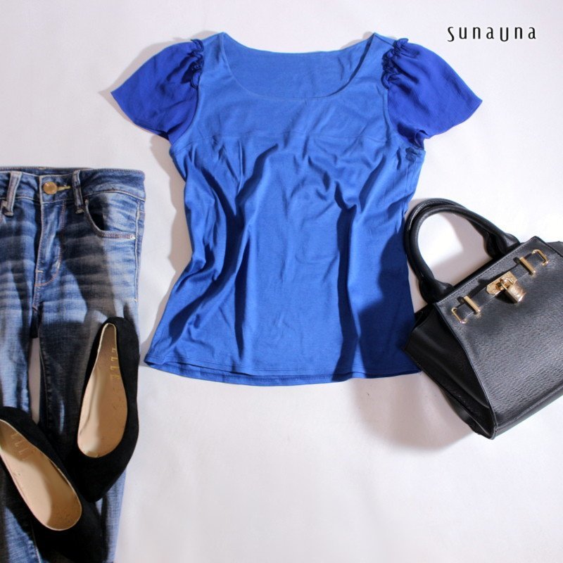 美品 スーナウーナ SunaUna 株) ワールド 夏 シンプル 袖シフォン シャツ 切替 Tシャツ プルオーバー カットソー ブラウス 38 9号 ブルー拍卖