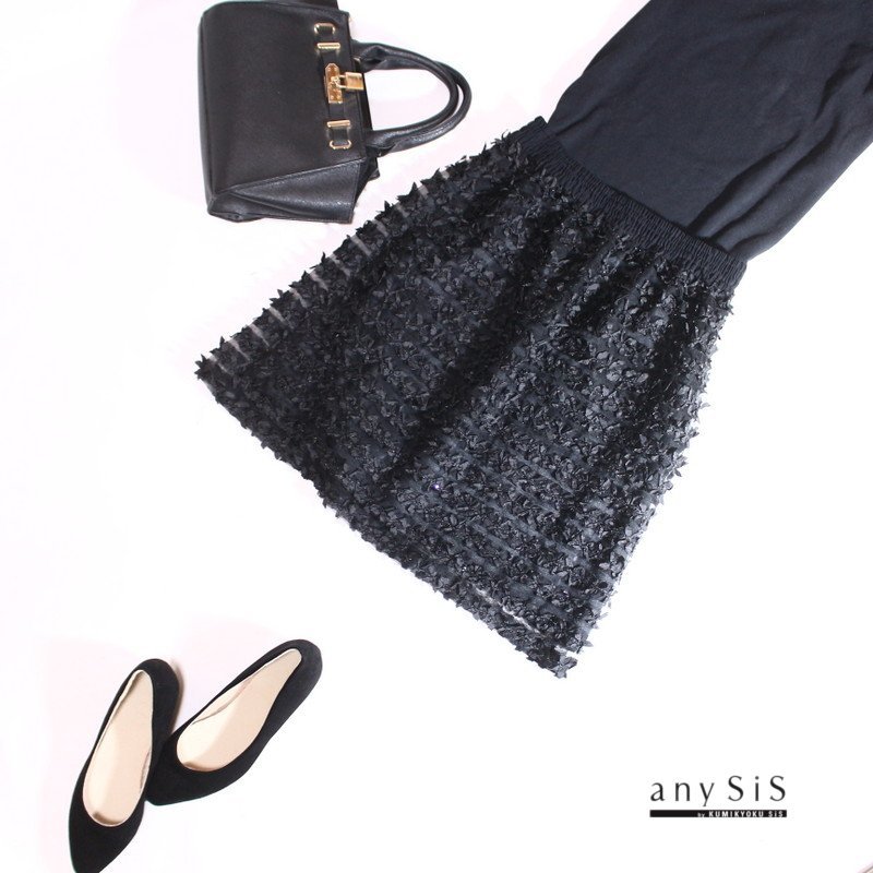 美品 エニィスィス anySiS 組曲 株)オンワード樫山 春 夏 上品 膝丈 スパンコール リボン 台形 レーススカート L 3 11号 ブラック 黒拍卖