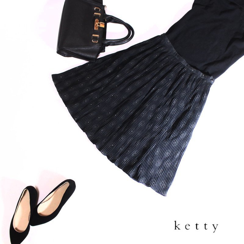 美品 ketty ケティ ■ 春 夏 フラワー 柄 Aライン オーガンジー シワプリーツ シフォン フレアスカート プリーツスカート ブラック 黒拍卖