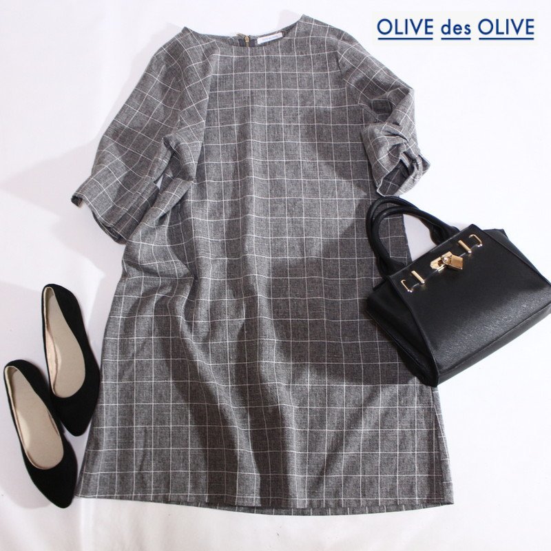 美品 OLIVE des OLIVE オリーブ・デ・オリーブ ■ 夏 お袖 リボン 格子柄 ワンピース M ポリエステル スーツ素材 グレー ホワイト拍卖
