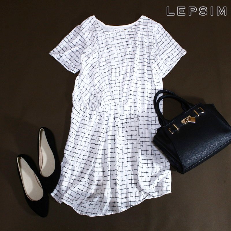 美品 LEPSIM レプシィム ローリーズファーム 夏 異素材切替 格子柄 ロング丈 シンプル 半袖カットソー M ホワイト 白 Tシャツ × シフォン拍卖