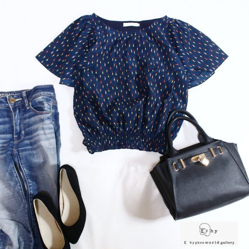 美品 イーハイフン ワールド ギャラリー ■ 上品 夏 半袖 シフォンカットソー リップ柄 ベルト一体 ショート丈 1 S ネイビー 紺拍卖