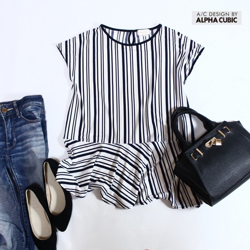 美品 A/C DESIGN BY ALPHA CUBIC アルファキュービック ■ 大人シンプル 夏 ストライプ柄 ジャージ― プルオーバー ロング カットソー M 紺拍卖