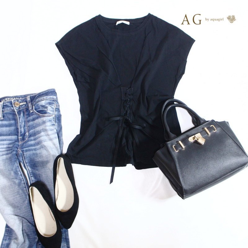 美品 アクアガール AG by aquagirl 株) ワールド ■ 夏 レースアップ 無地 Tシャツ生地 プルオーバー 半袖 カットソー M ブラック 黒拍卖