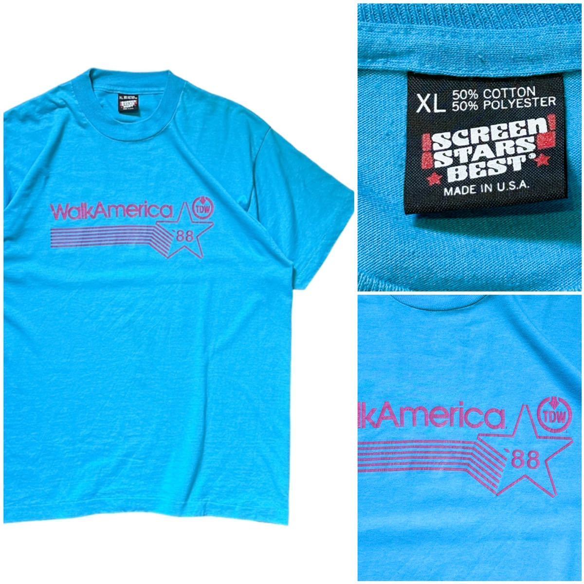 USA製 80’s 90’s SCREEN STARS スクリーンスターズ ヴィンテージTシャツ 水色 ブルー XLサイズ 1988年製 アメリカ イベント プリント拍卖