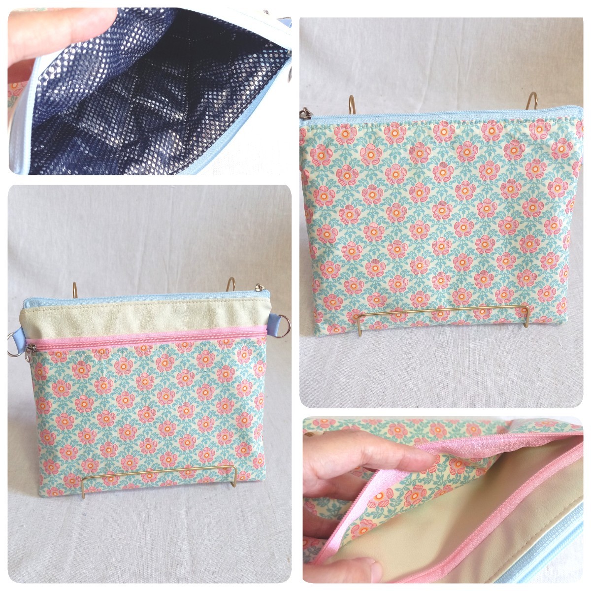 手作り☆保冷保温機能☆フラットファスナーポーチ☆ピンク花柄&生成合皮拍卖