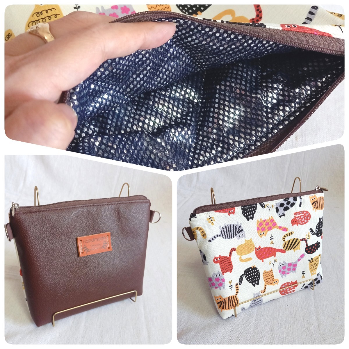 手作り☆保冷保温機能☆ファスナーポーチ☆ねこちゃん&ブラウンの合皮拍卖