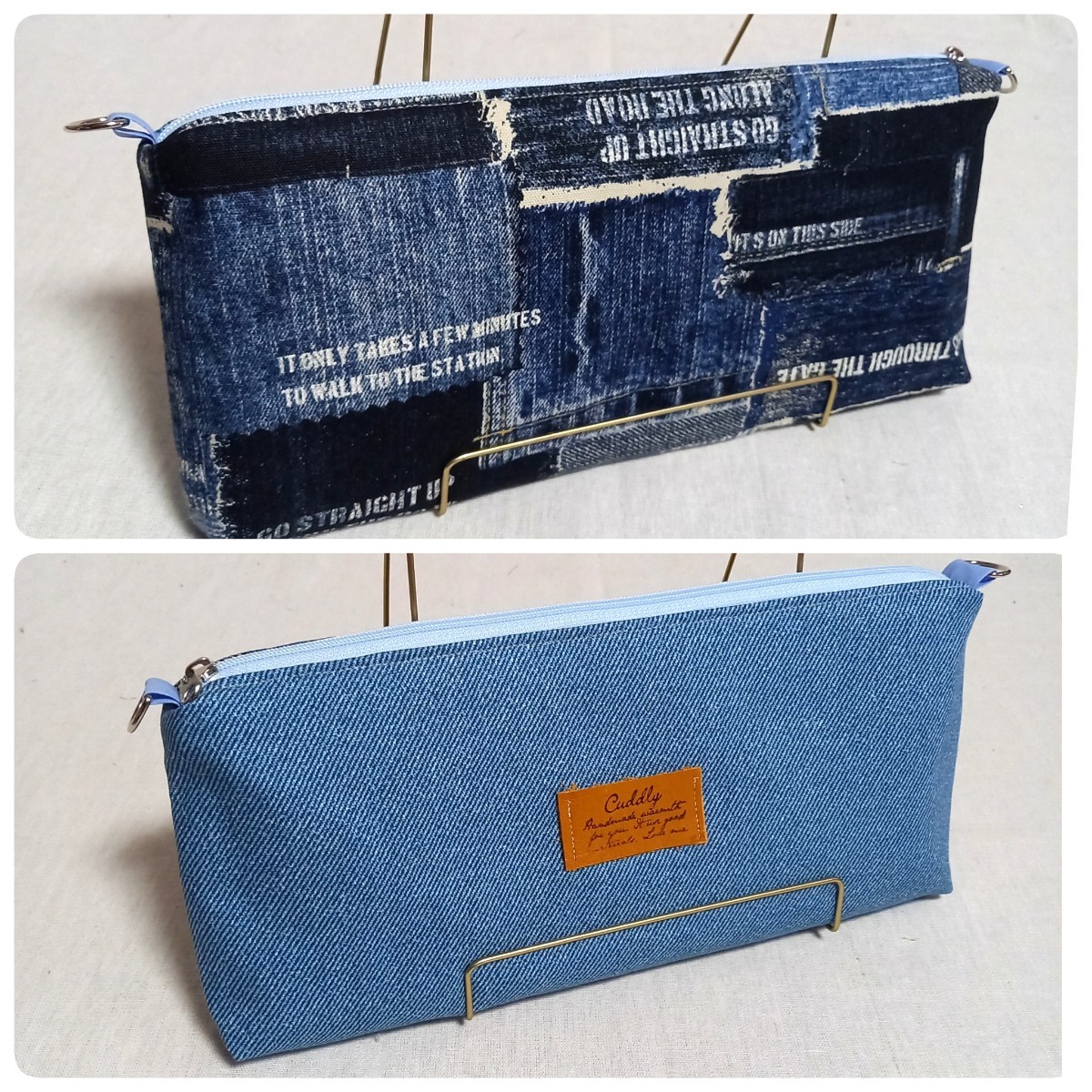 手作り☆任天堂Switch対応スクエアポーチ☆デニム風パッチワーク柄&無地拍卖