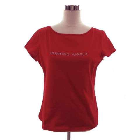 ハンティングワールド HUNTING WORLD カットソー フレンチスリーブ ロゴ ラインストーン イタリア製 コットン レッド 赤 42拍卖