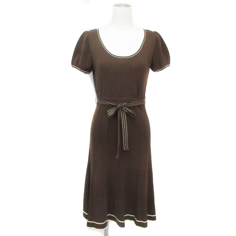 ヨンドシー 4℃ ニットワンピース フレアワンピース ミモレ丈 半袖 Uネック リボン付き 38 茶 ベージュ ブラウン /FF34 レディース拍卖