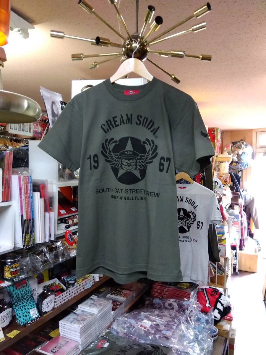 SサイズクリームソーダFLIGHTCREWTシャツモスグリーン色!CREAMSODAロカビリーブラックキャッツビスキャッツピンクドラゴン世田谷ベース拍卖