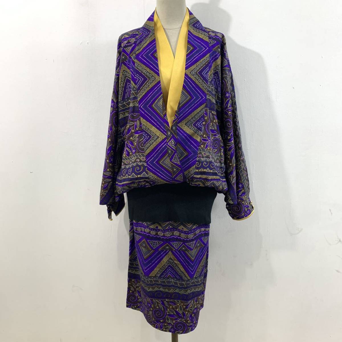 VINTAGE 昭和レトロ 和装セットアップ プルオーバー シャツ ブラウス 着物スリーブ サイケデリック柄 総柄 希少 紫【送料一律/同梱可能】D拍卖