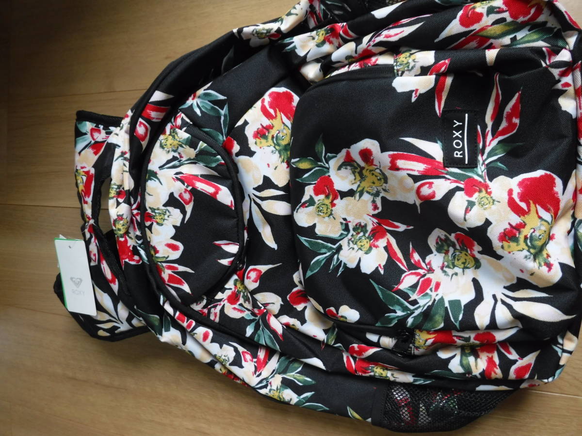 税不要特価 ハワイ柄 新品タグ付!ROXY ロキシー ブラック 黒 ハワイアンボタニカル柄 年中使える リュックサック♪バックパック拍卖