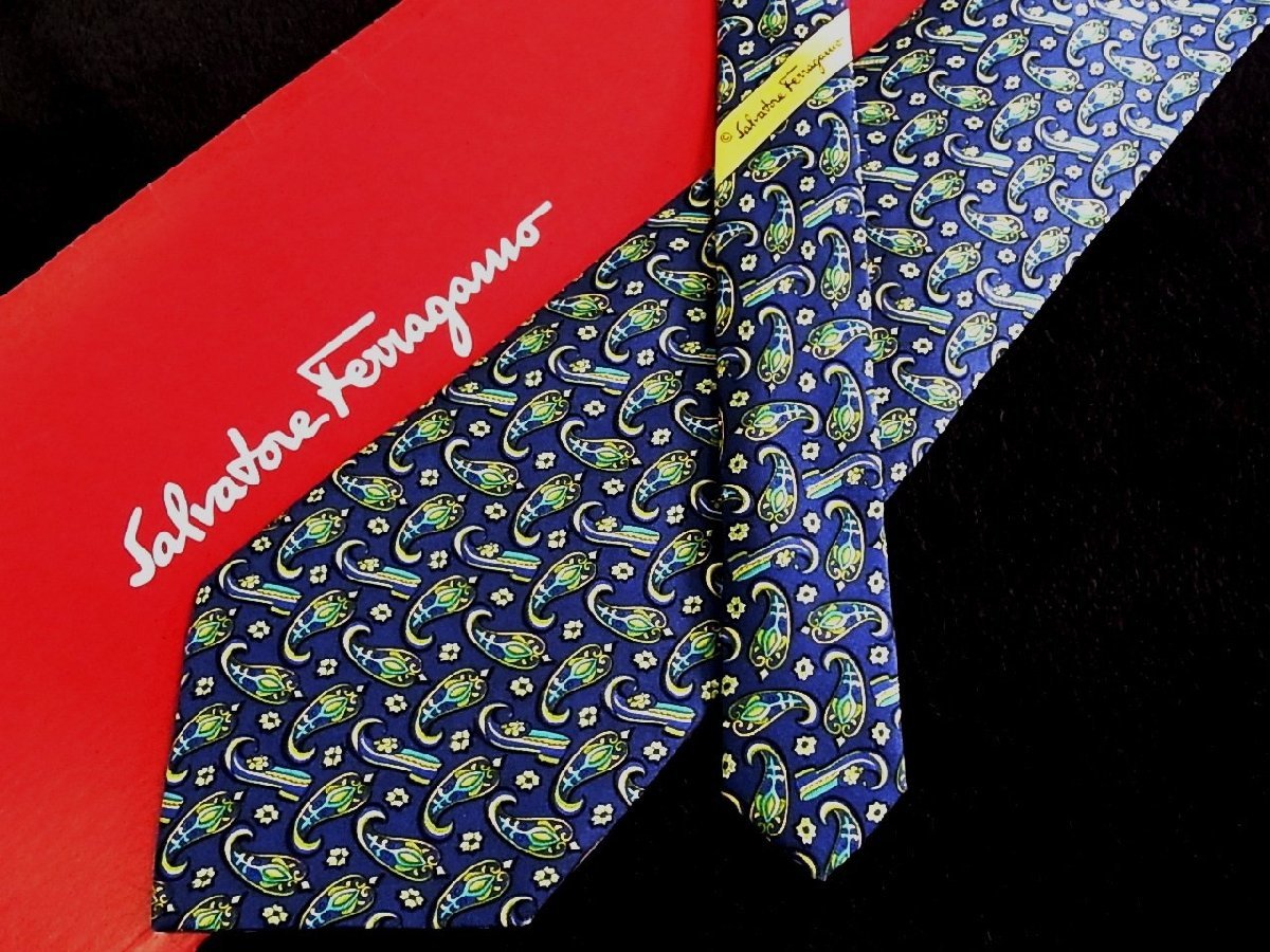 ♪今週の特売980円~♪1940♪良品【Ferragamo】フェラガモ【花 小花 ペイズリー 柄】ネクタイ♪拍卖
