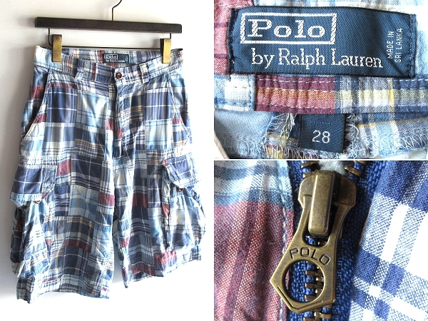 Polo by Ralph Lauren ラルフローレン コットン マドラスチェック クレイジーパッチワーク カーゴショートパンツ ショーツ W28 ブルー 青拍卖