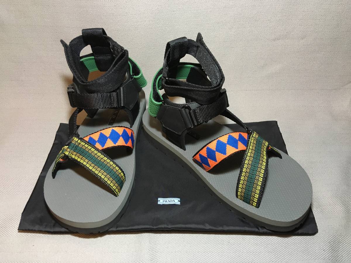 新品 プラダ 17SS ストラップ ベルト サンダル 10 PRADA 本革 レザー メタル ロゴ オレンジ グリーン ブラック 黒 コレクション 靴拍卖