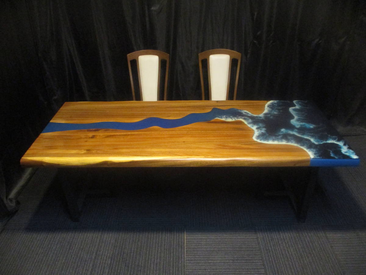 #919■ モンキーポッド レジンテーブル 樹脂加工 テーブル ローテーブル ダイニングテーブル 座卓 天板 無垢 海 波拍卖