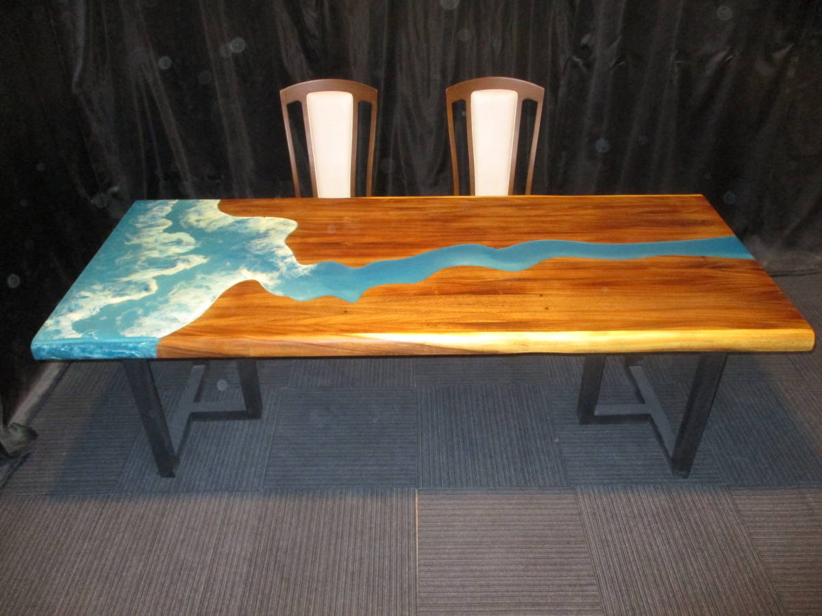 #920■ モンキーポッド レジンテーブル 樹脂加工 テーブル ローテーブル ダイニングテーブル  波 海 座卓 天板 無垢 デスク拍卖