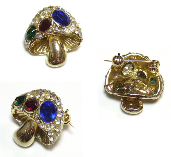 アメリカ 購入 レトロ キノコ ブローチ / ラインストーン,ビンテージ,カラーストーン,バッヂ,マッシュルーム,きのこ,拍卖