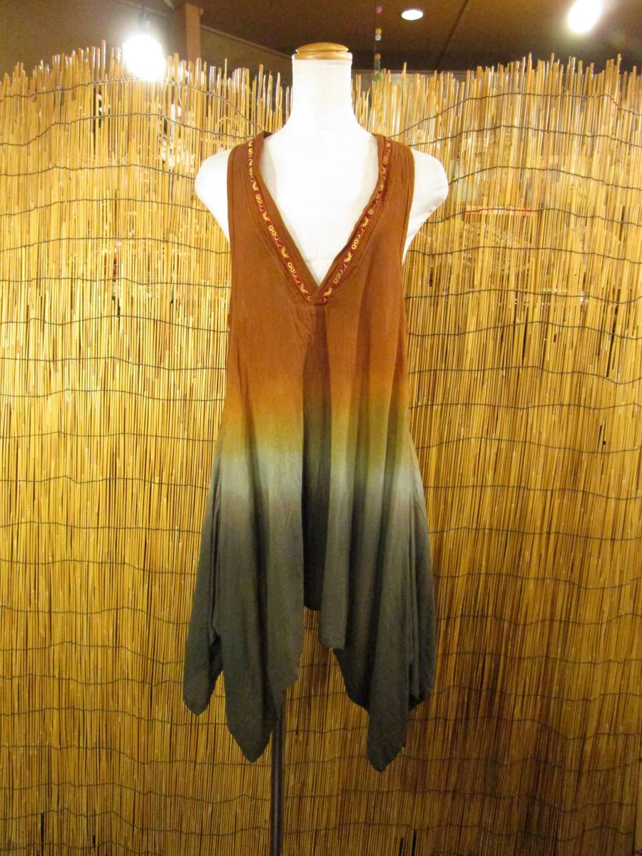 ①新品★手染め★コットン素材★グラデーションカラー★チロリアンテープ★変型★チュニックワンピース拍卖