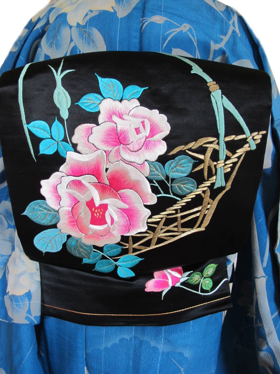 エレガント 華麗 ピンクの薔薇 アンティーク総刺繍名古屋帯拍卖