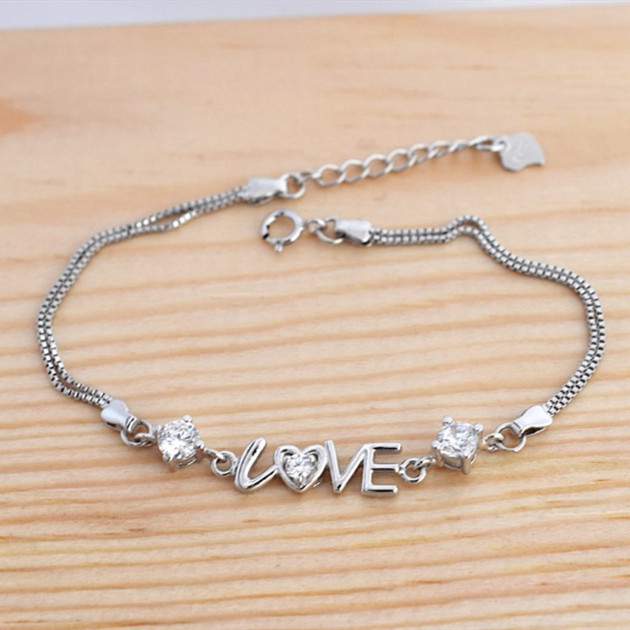 Love ハート キュービックジルコニア 二連 シルバー925 ブレスレット拍卖