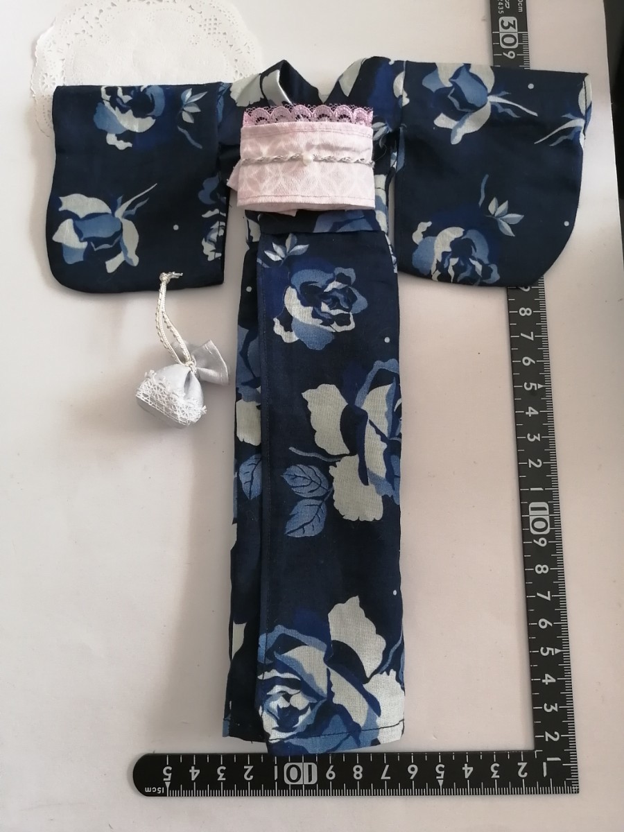 tia*゜☆*。゜ドール用 TBleague s50 s24 サイズ 浴衣 ゆかた 紺色 帯 レース巾着バッグ セット拍卖