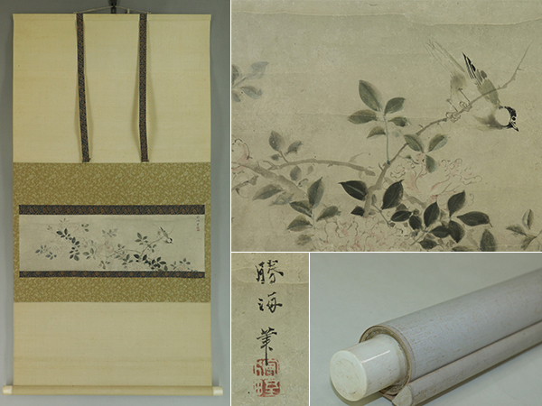 【模写】狩野芳崖(勝海)【淡彩花卉小禽図】◆紙本◆識箱◆掛軸 t03150拍卖