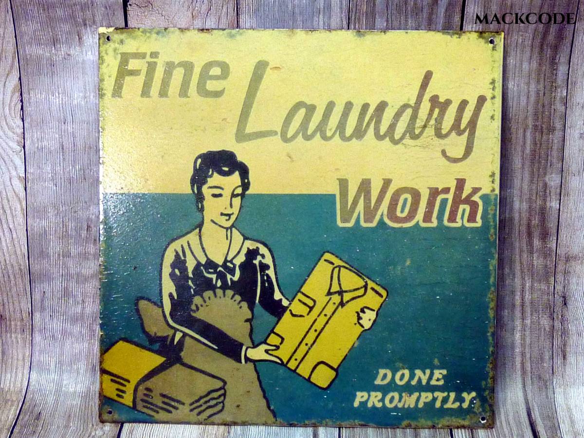 【y4948】◆fine laundry work 古き良きアメリカ肉厚スチール看板◆検索インテリア店舗什器でディスプレイランドリービンテージ拍卖