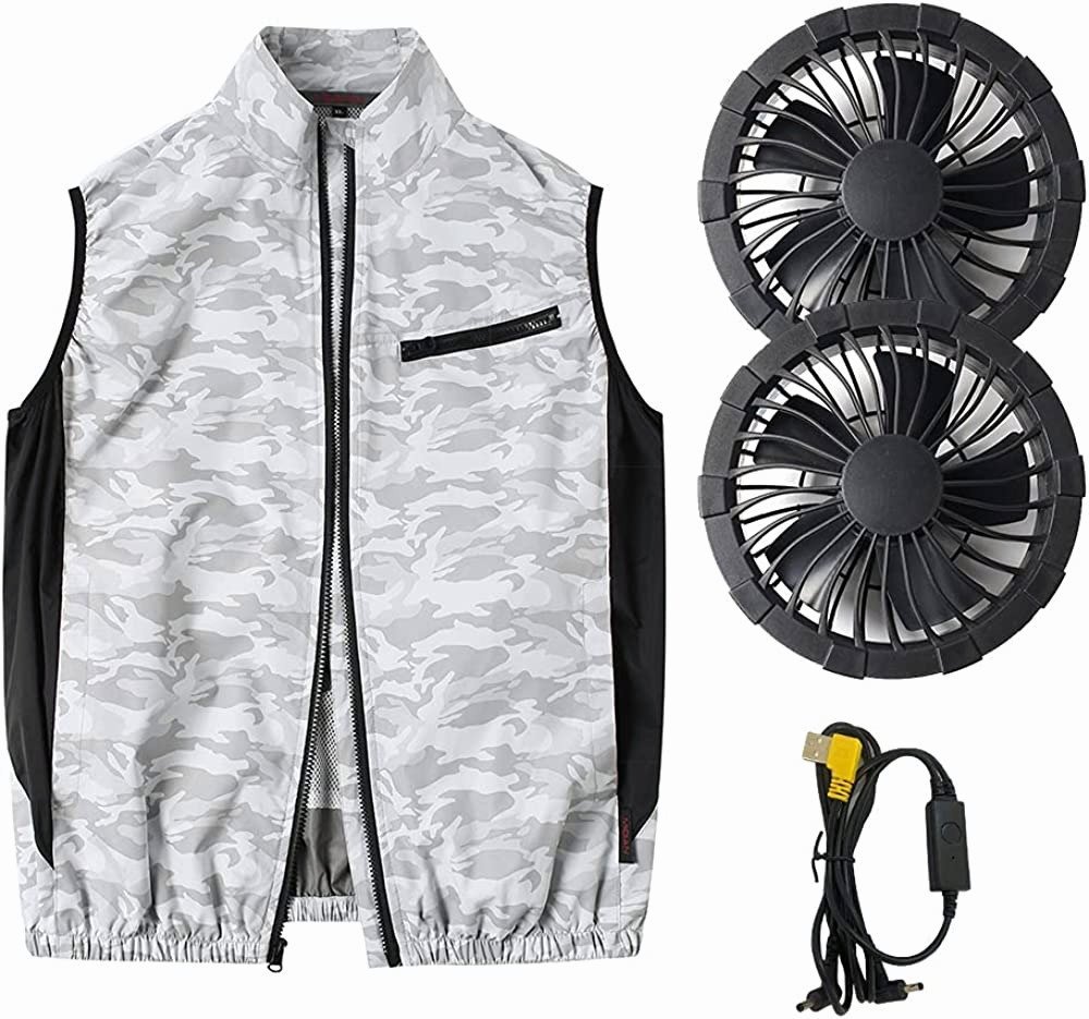 LYQ70★ファン付き作業服ベスト 扇風服 作業者 5V USBファン チタン合金コーティング生地 UVカット 日焼け止め 紫外線対策●ベスト-白迷彩拍卖