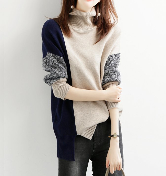 JHW3★ 新品 ふんわりカシミヤ90% 滑らか着心地 バイカラータートルニット 大人上品セーター ネイビー系 Lサイズ拍卖